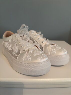 Betsey Johnson White Satin Floral Embroidered Platform Sneakers Wedding Bride